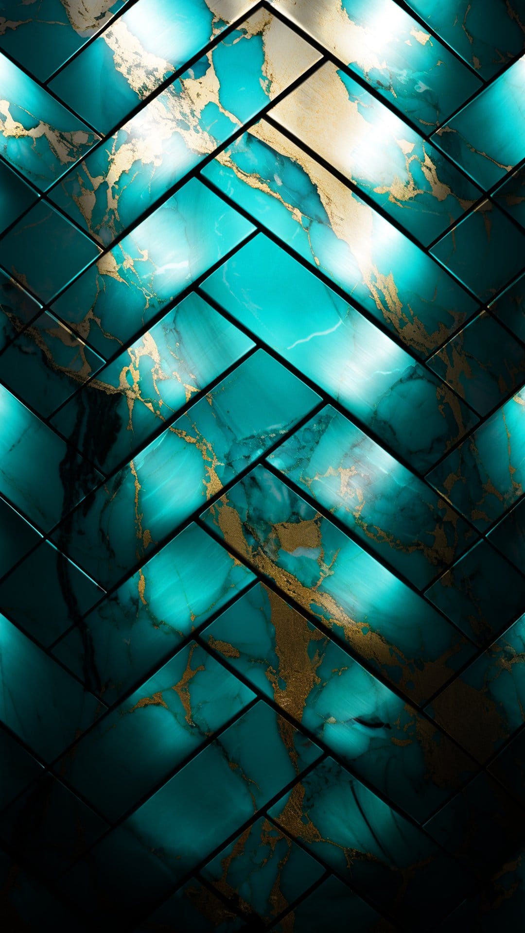 Teal and gold marble tiles arranged in a herringbone pattern with shimmering veins and smooth polished textures.
