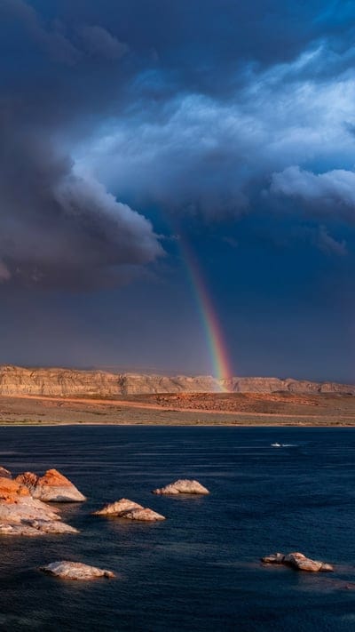Rainbow, lake, storm, nature, dramatic, vibrant, desert, landscape, peaceful, serene, tranquil, beautiful, clouds, water, outdoor, southwest, colorful, majestic, geological, reflection