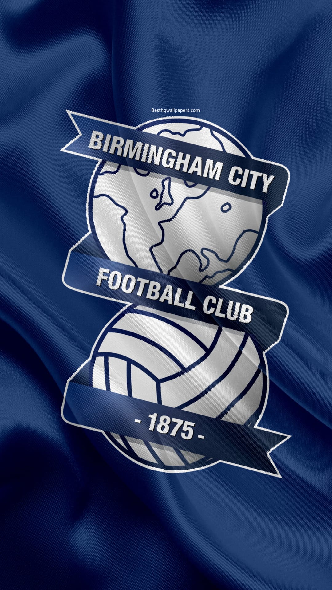 Birmingham City FC crest with a globe and soccer ball centered on a dark blue textured background with 1875 text.