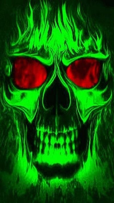 neon skull, flame, green