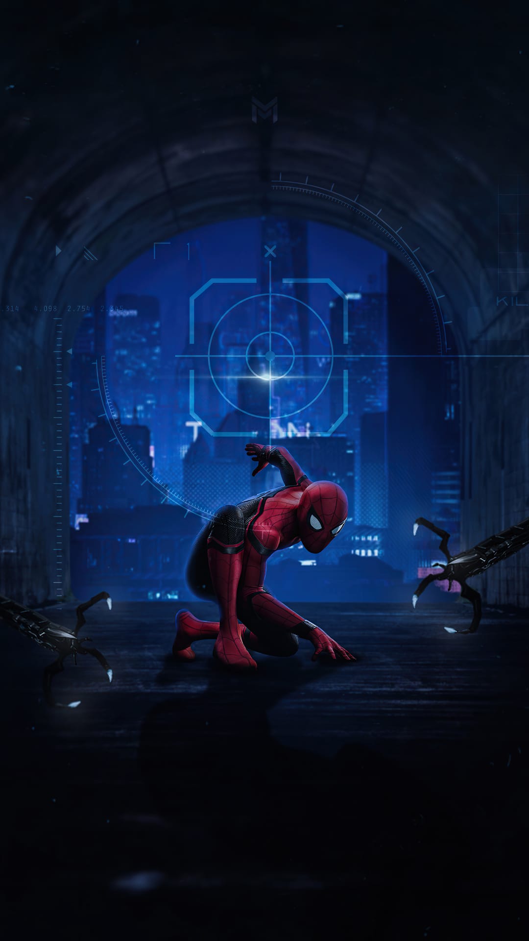 Spider-Man in a red and black suit crouches near metal tentacles in front of a blue holographic city interface.