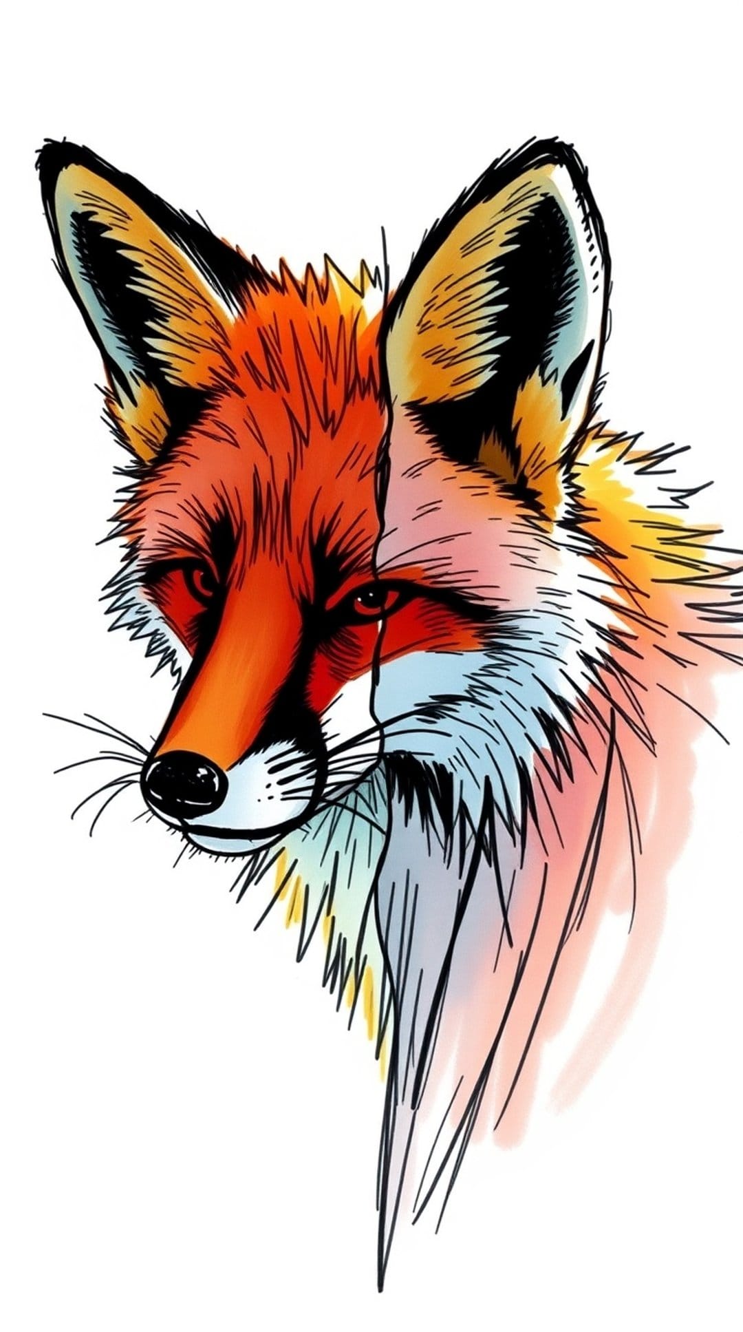 Red fox head with sharp black outlines, bright orange fur, and blue paint splashes on a clean white background.