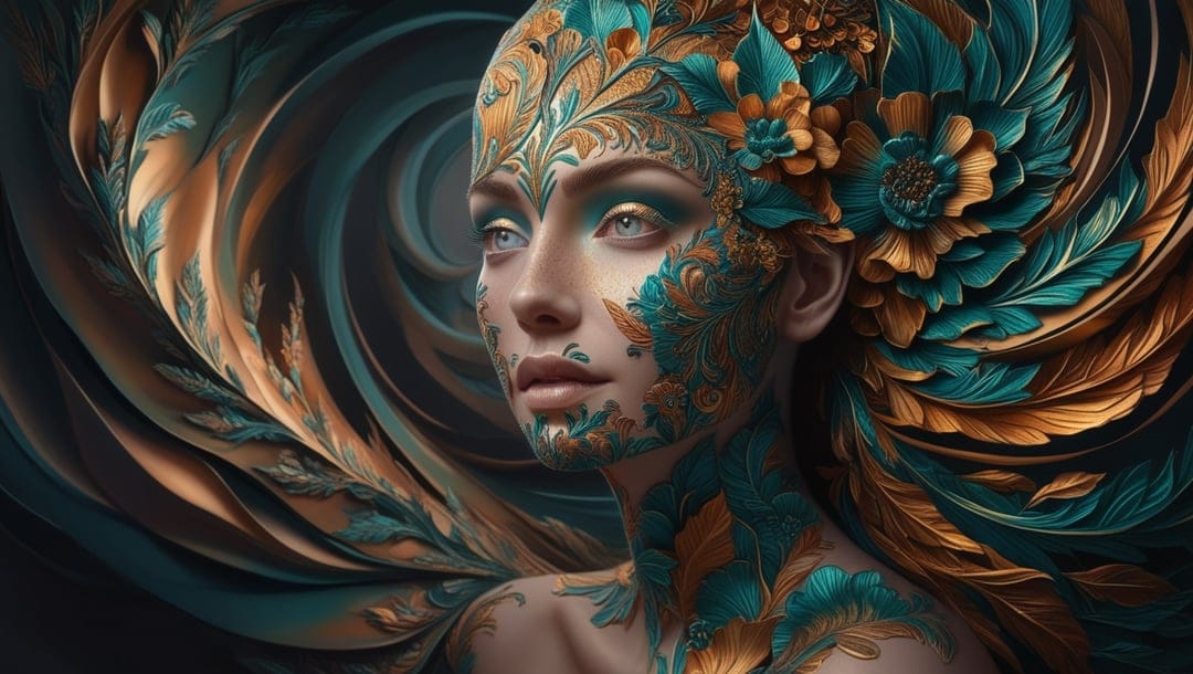 Woman with blue eyes and gold filigree on her face wears a large teal feathered headdress in a dark swirl.