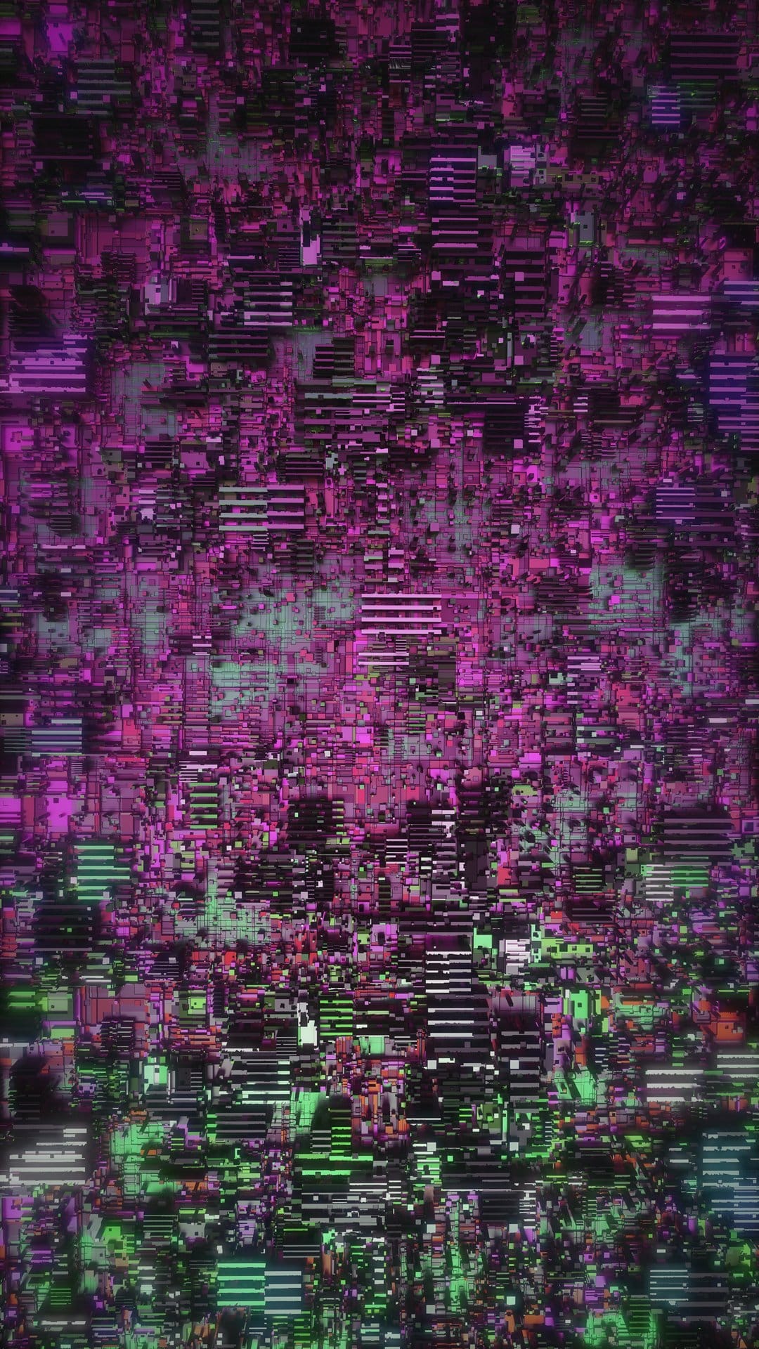 Neon pink and green skyscrapers distorted by horizontal glitch lines and geometric digital noise fragments.