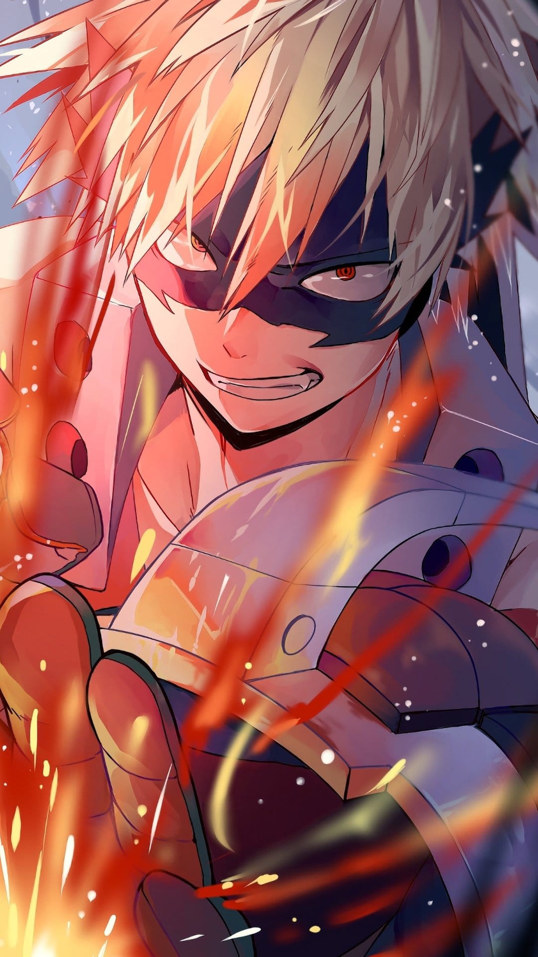 Katsuki Bakugo scowls as bright orange sparks and flames erupt from his gauntlets in a vertical action scene.