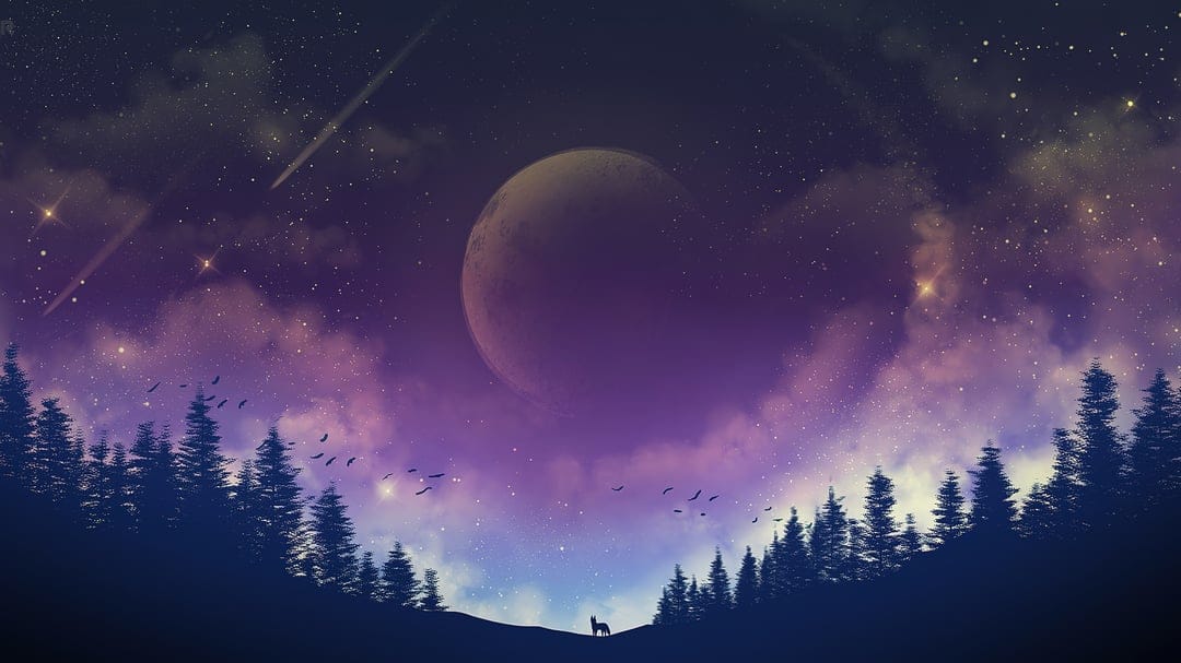 Starry mountain landscape features sharp peaks emerging from dense white clouds under a bright celestial galaxy.
