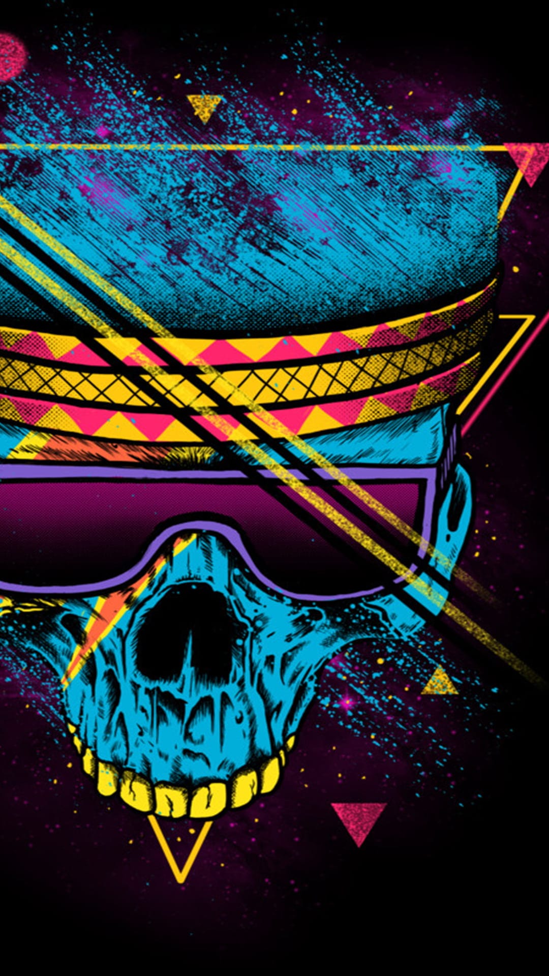 Skull wearing pink and yellow neon sunglasses among blue triangles and stars against a dark cosmic background.