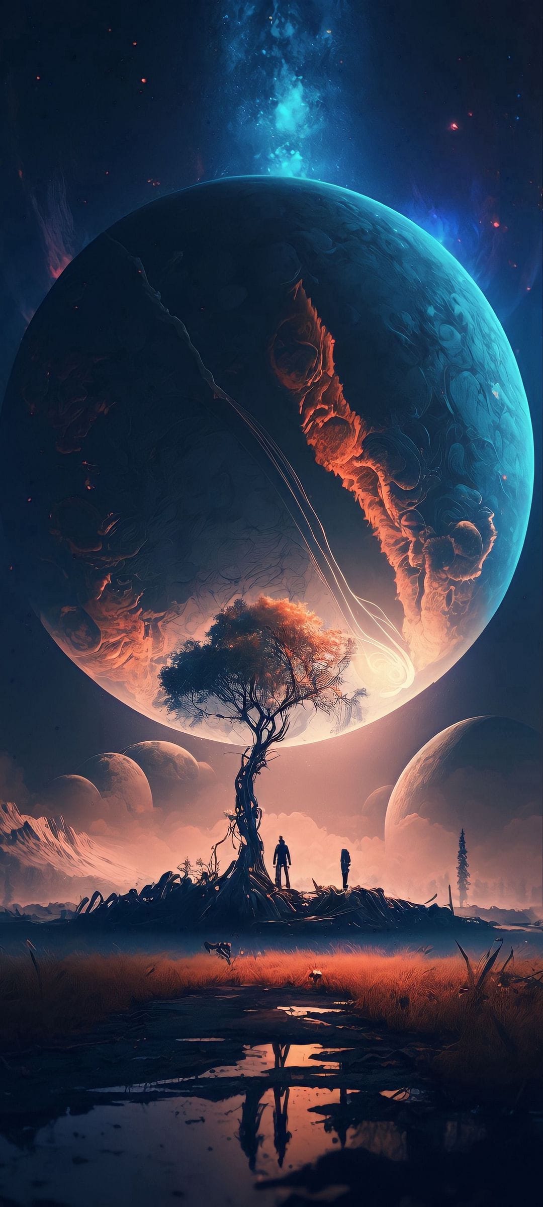Two silhouetted figures and a gnarled tree stand before a massive moon and vibrant nebula in a deep space sky.