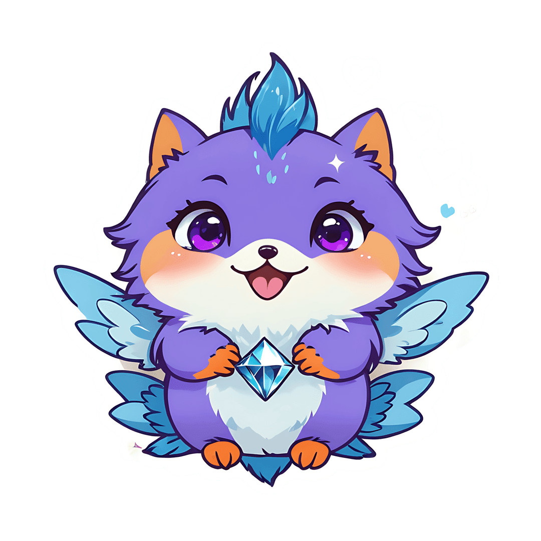 Purple winged creature sticker holding a blue diamond with white fluffy chest fur and orange paw accents.