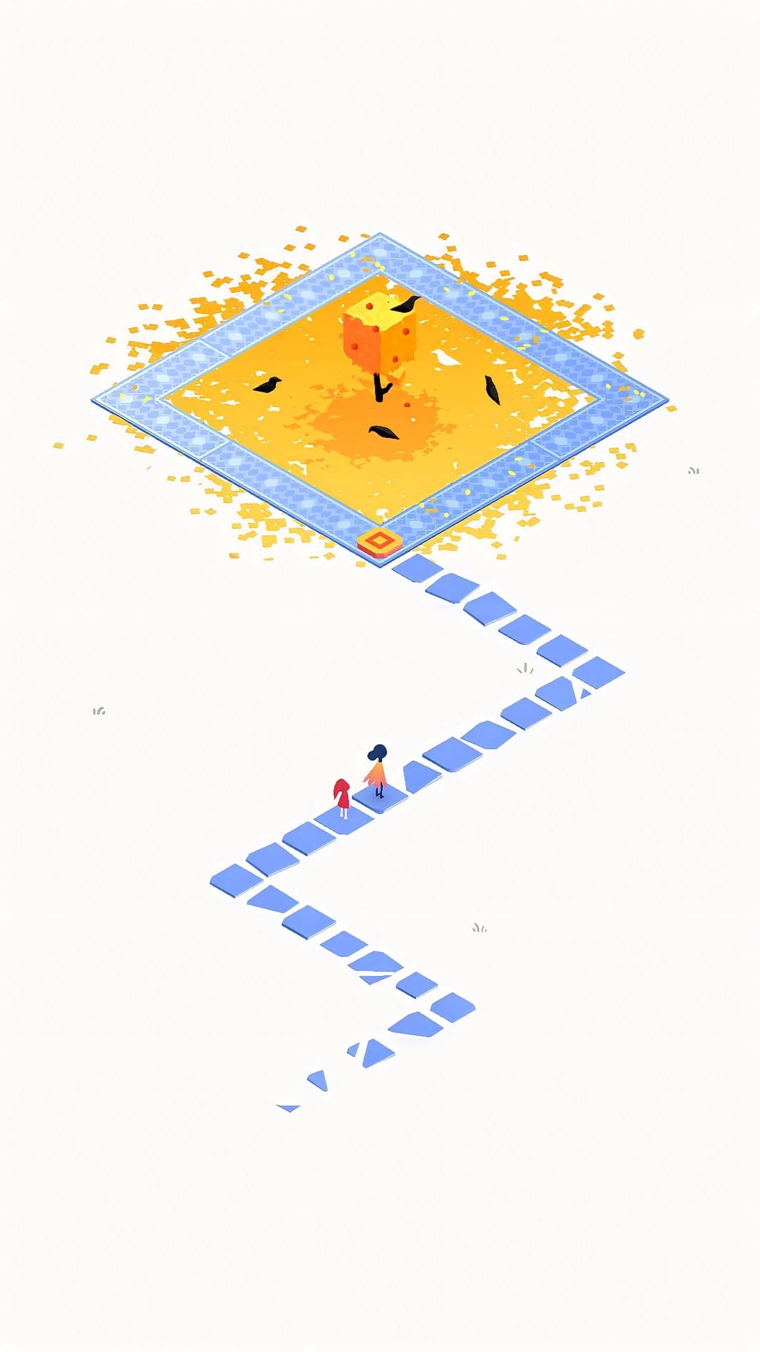 Tiny red and orange figures walk along a blue tiled path toward a floating cube on a stark white background.
