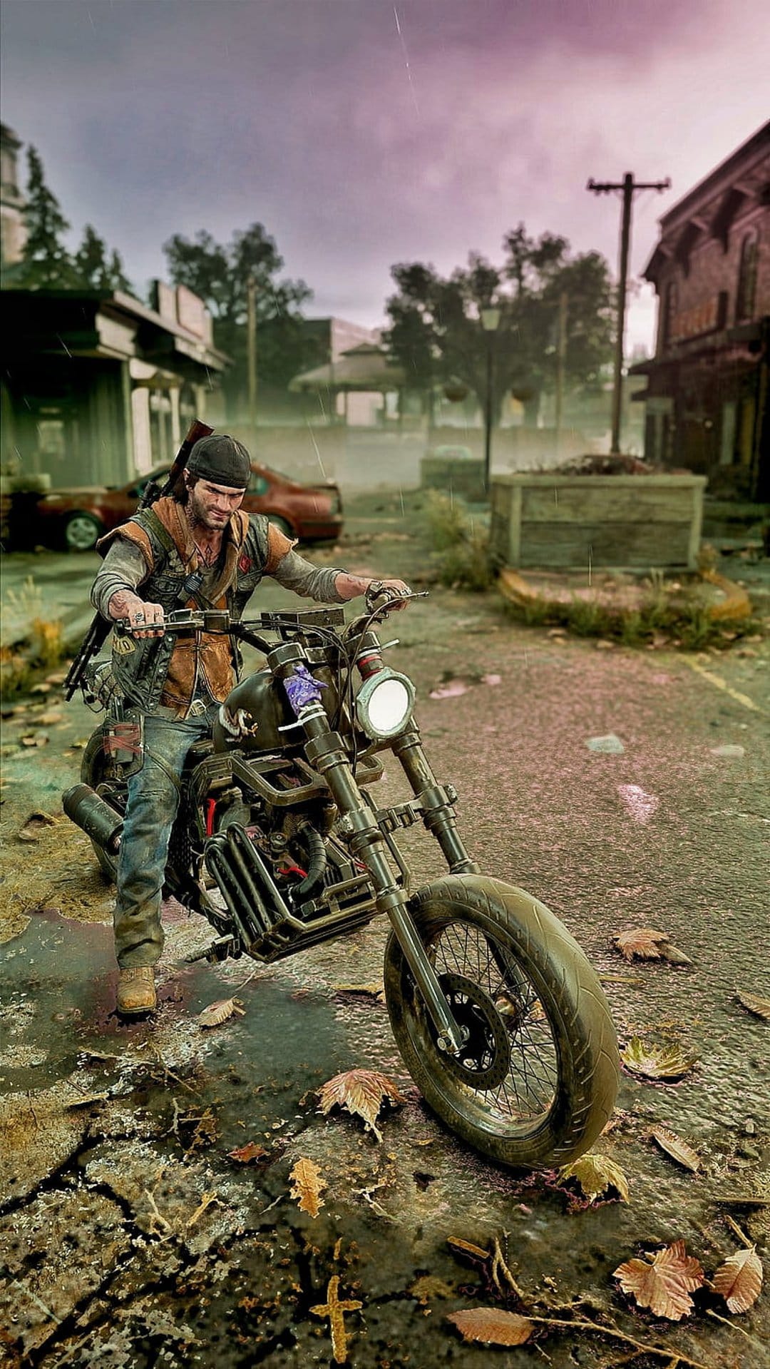 Bearded man in a beanie rides a custom motorcycle through a ruined city with overgrown vegetation and grey skies.