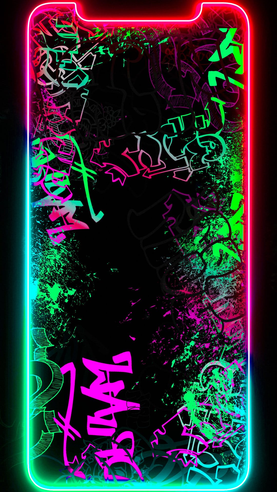 Neon pink and green graffiti spray paint textures with glowing light borders on a pitch-black vertical background.