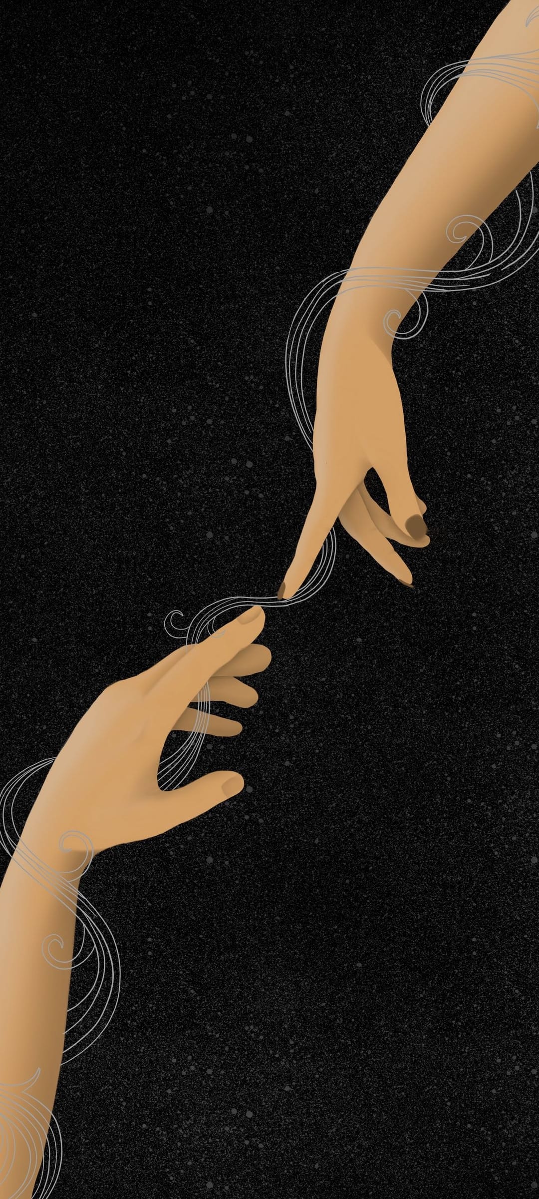 Two hands reaching towards each other amidst glowing white swirls and a dark speckled starry night background.