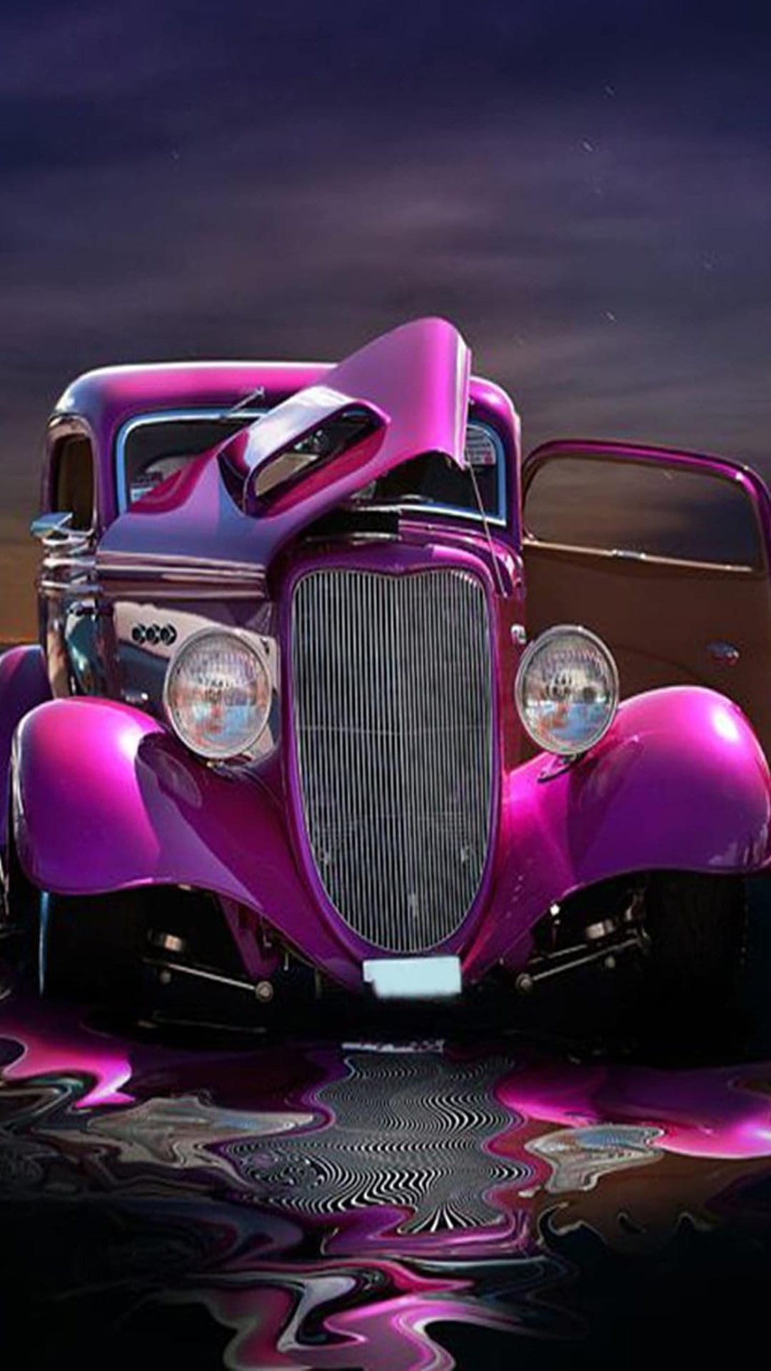 Purple hot rod with open hood reflects in a dark, rippling puddle beneath a moody twilight sky with chrome accents.
