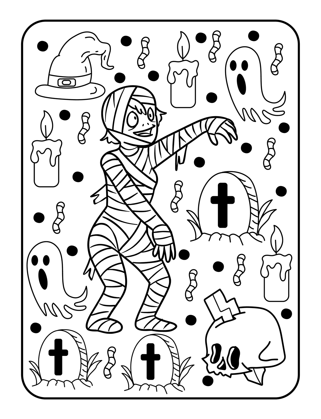 Halloween coloring page showing a mummy, floating ghosts, and a skull in a cemetery with candles and worms.