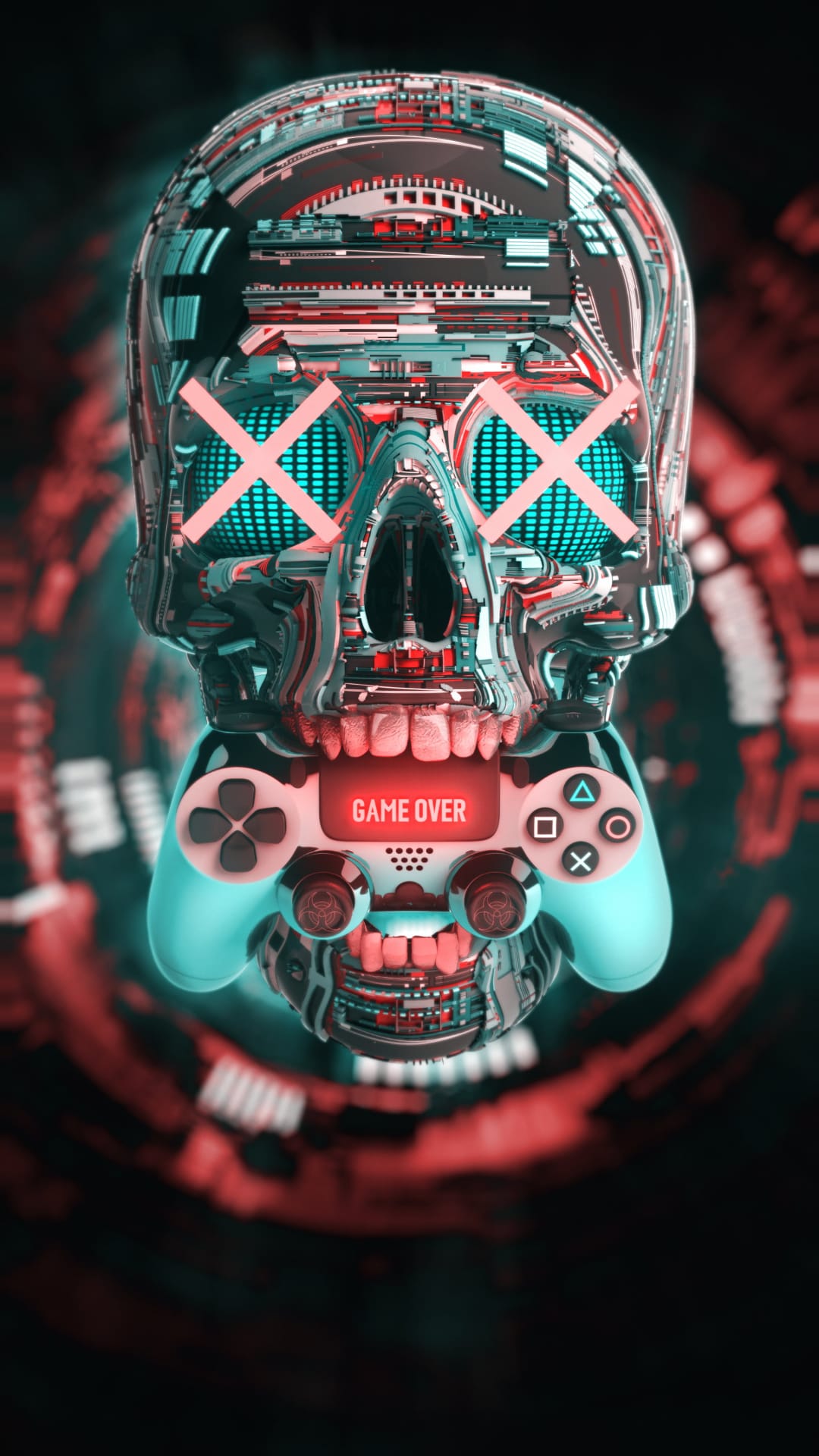 Robotic skull with glowing cyan X eyes and a game controller jaw displaying the words game over in red light.