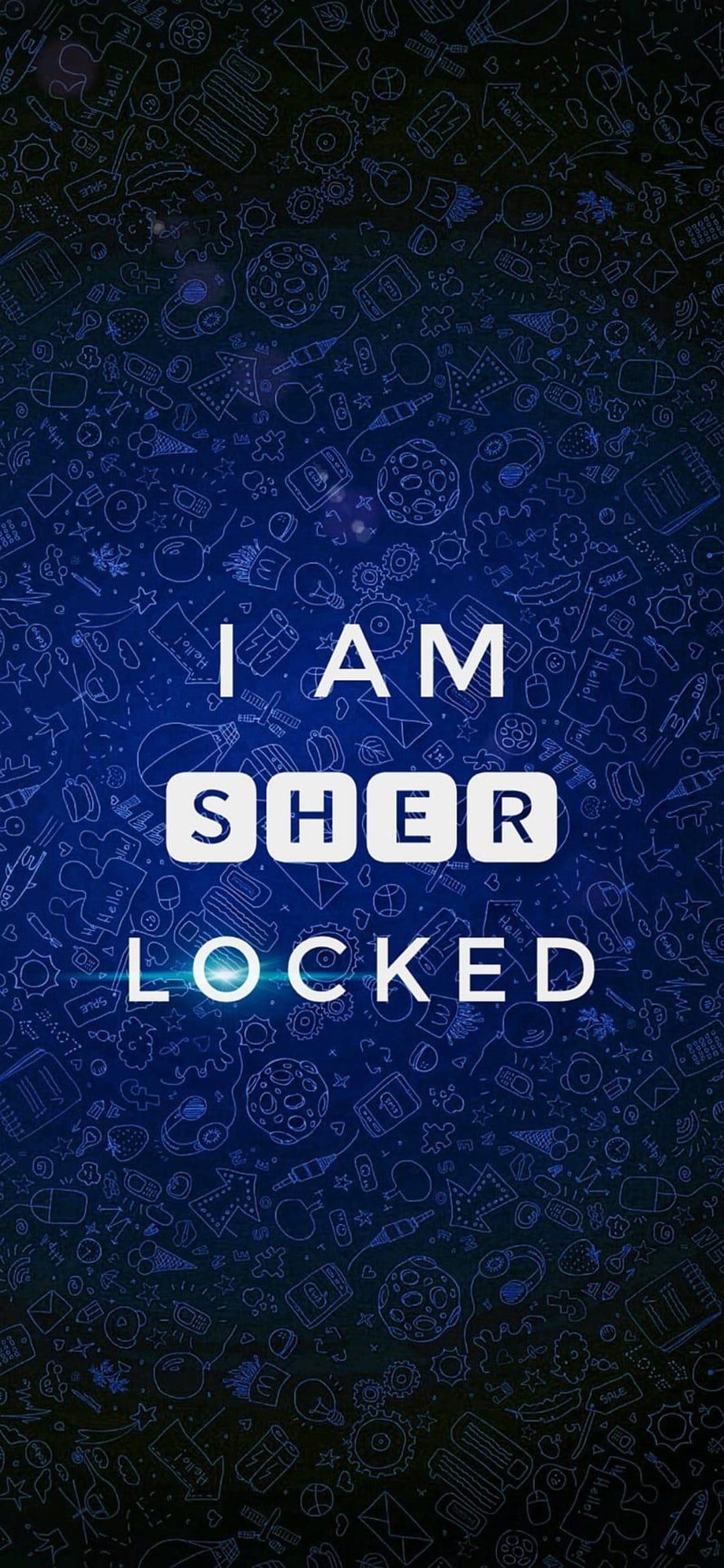 I AM SHER LOCKED text centers a dark blue background filled with white hand-drawn detective symbols and doodles.