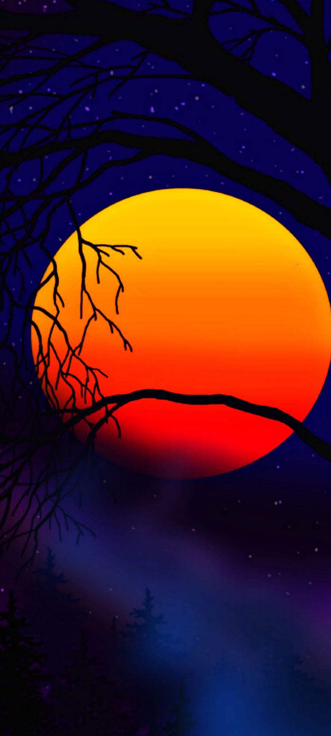 Giant orange moon rising over a foggy forest silhouette and starry indigo sky in a vertical composition.