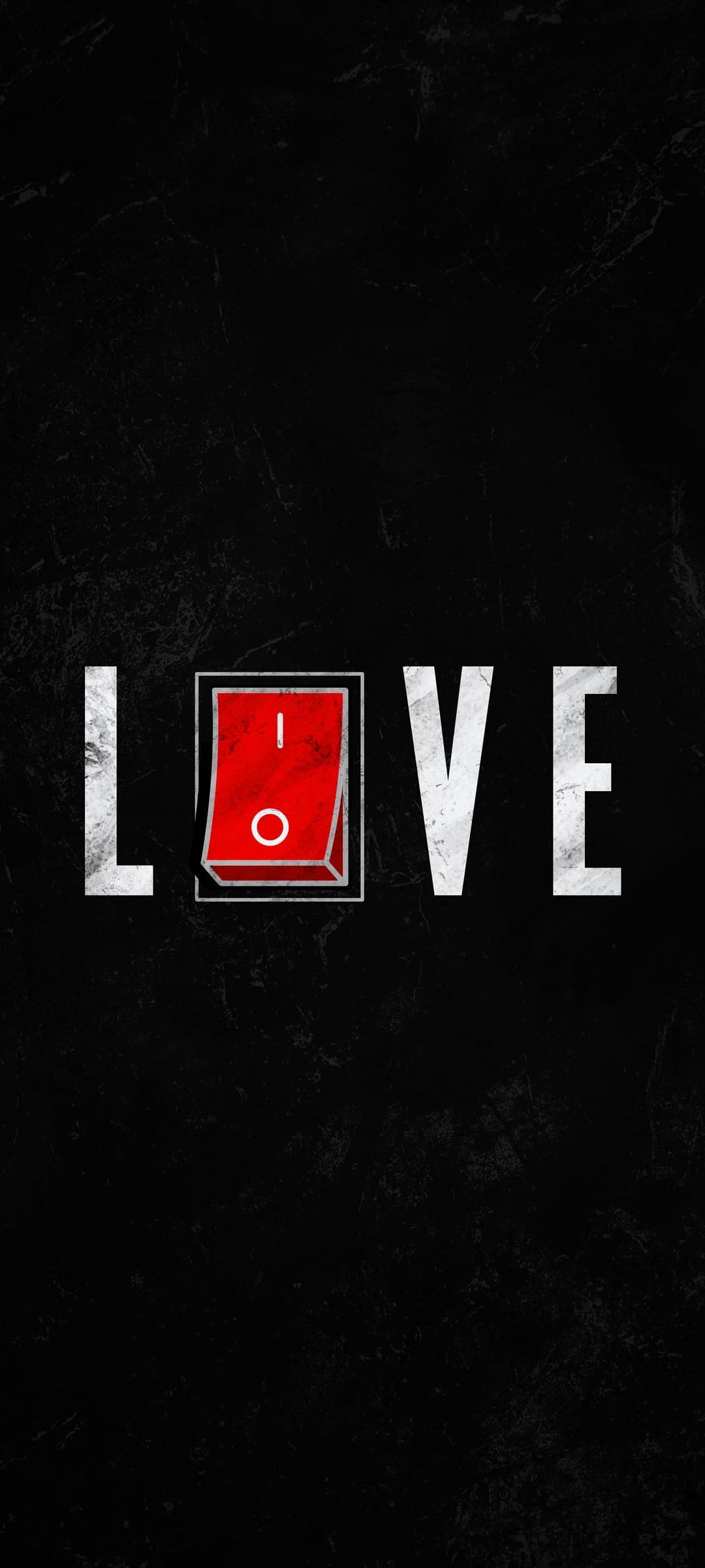 Red toggle switch replacing the letter O in the word LOVE centered on a dark textured vertical background.