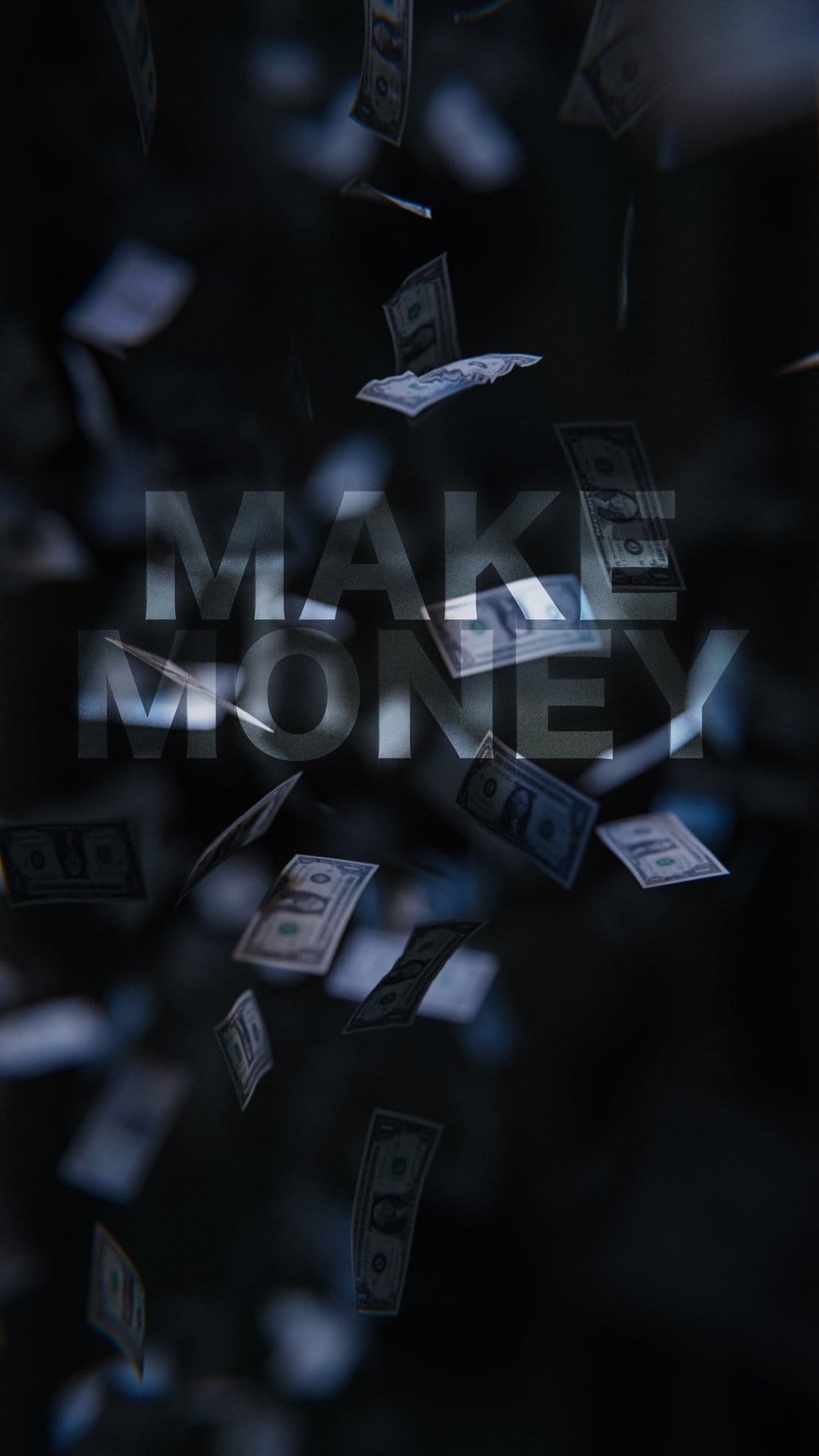 US dollar bills fall through a dark atmosphere behind translucent glowing text spelling the words Make Money.