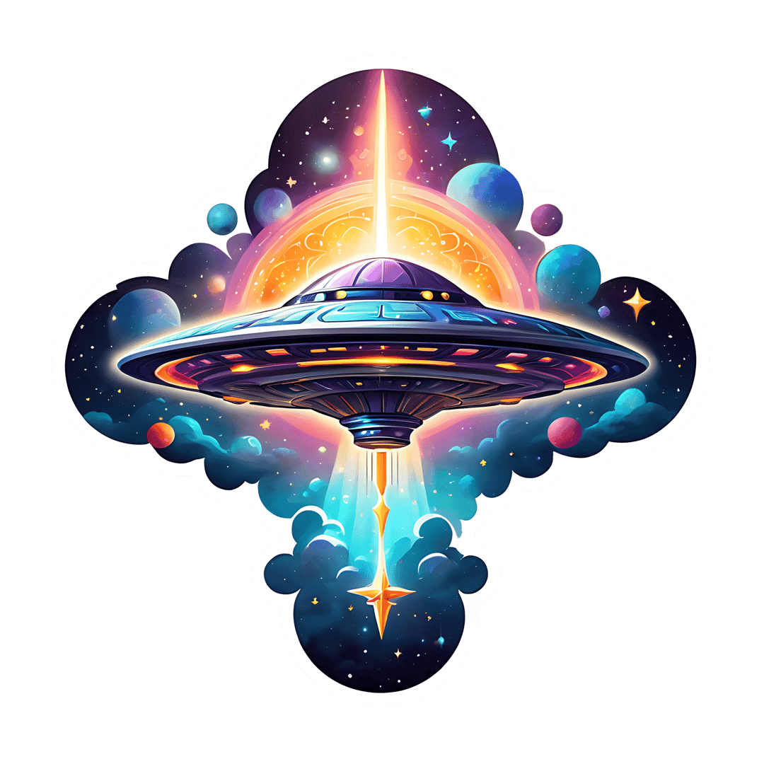 UFO saucer sticker emitting orange light beams between purple planets and stars in a dark space nebula.