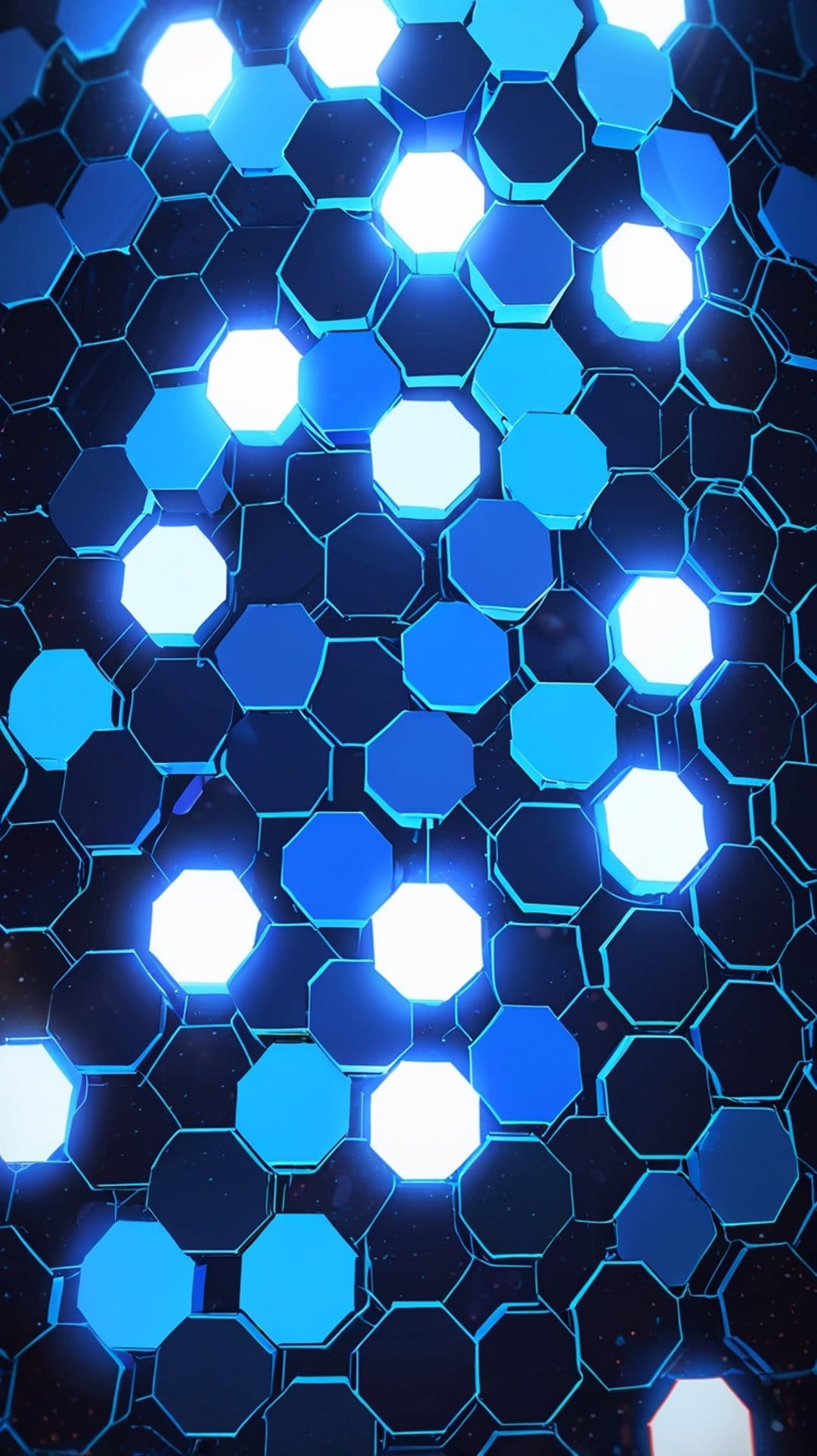 Blue and white glowing hexagons form a three-dimensional honeycomb grid against a dark, textured background.