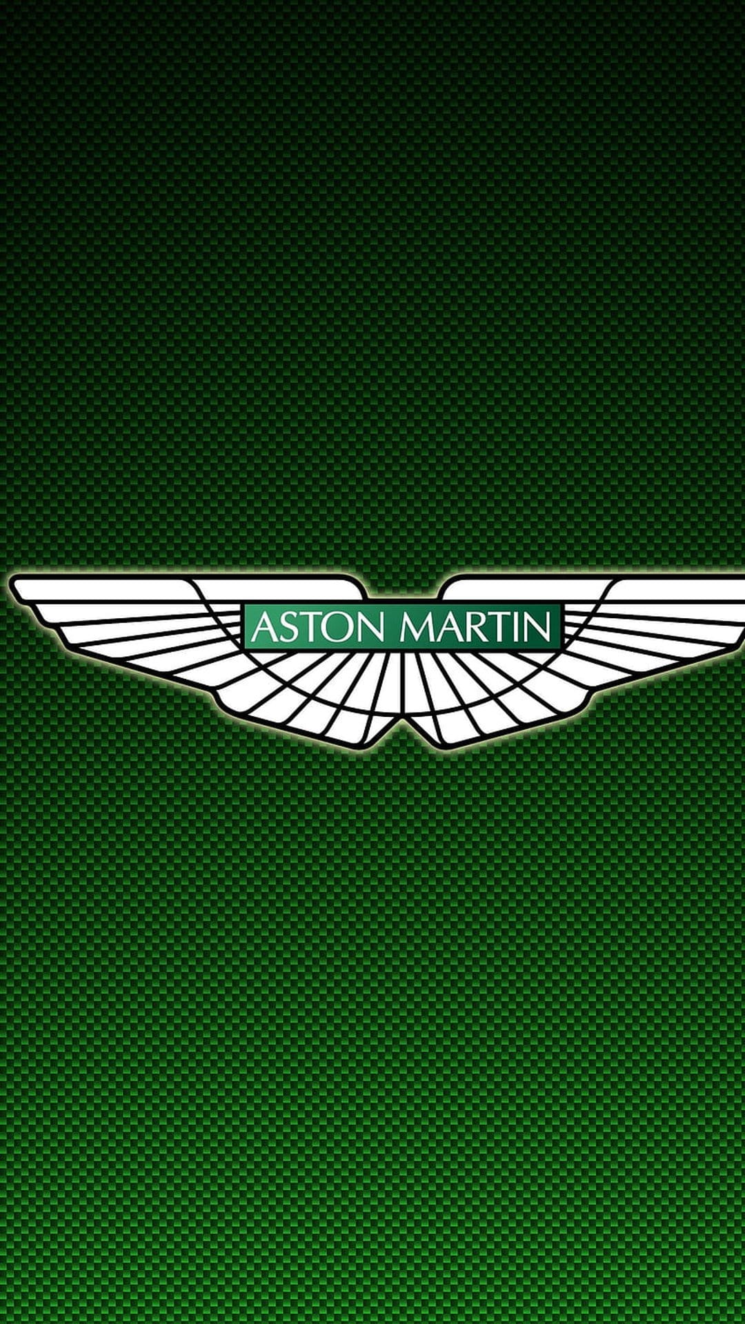 Aston Martin silver wings logo centered on a textured dark green carbon fiber background with diagonal weaves.
