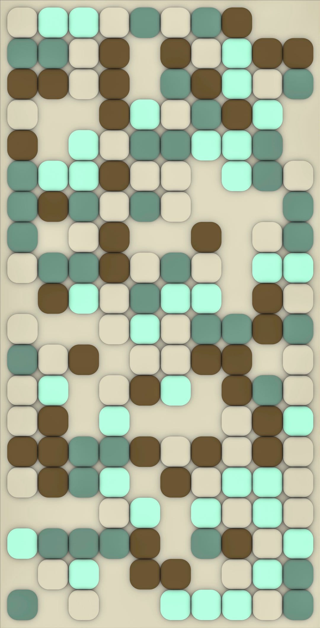Overlapping rounded squares in teal, beige, and brown create a vertical geometric grid with subtle depth.