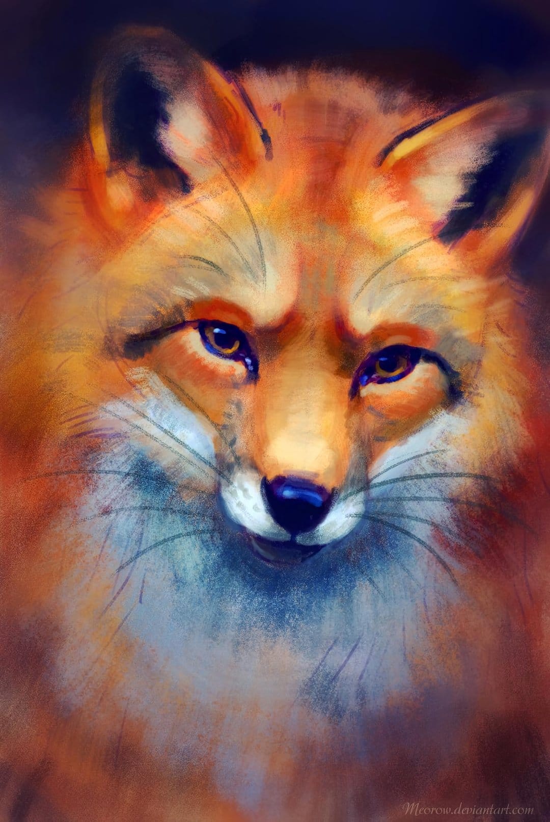 Red fox with piercing amber eyes and crimson fur emerges from a dark background in a painterly portrait.
