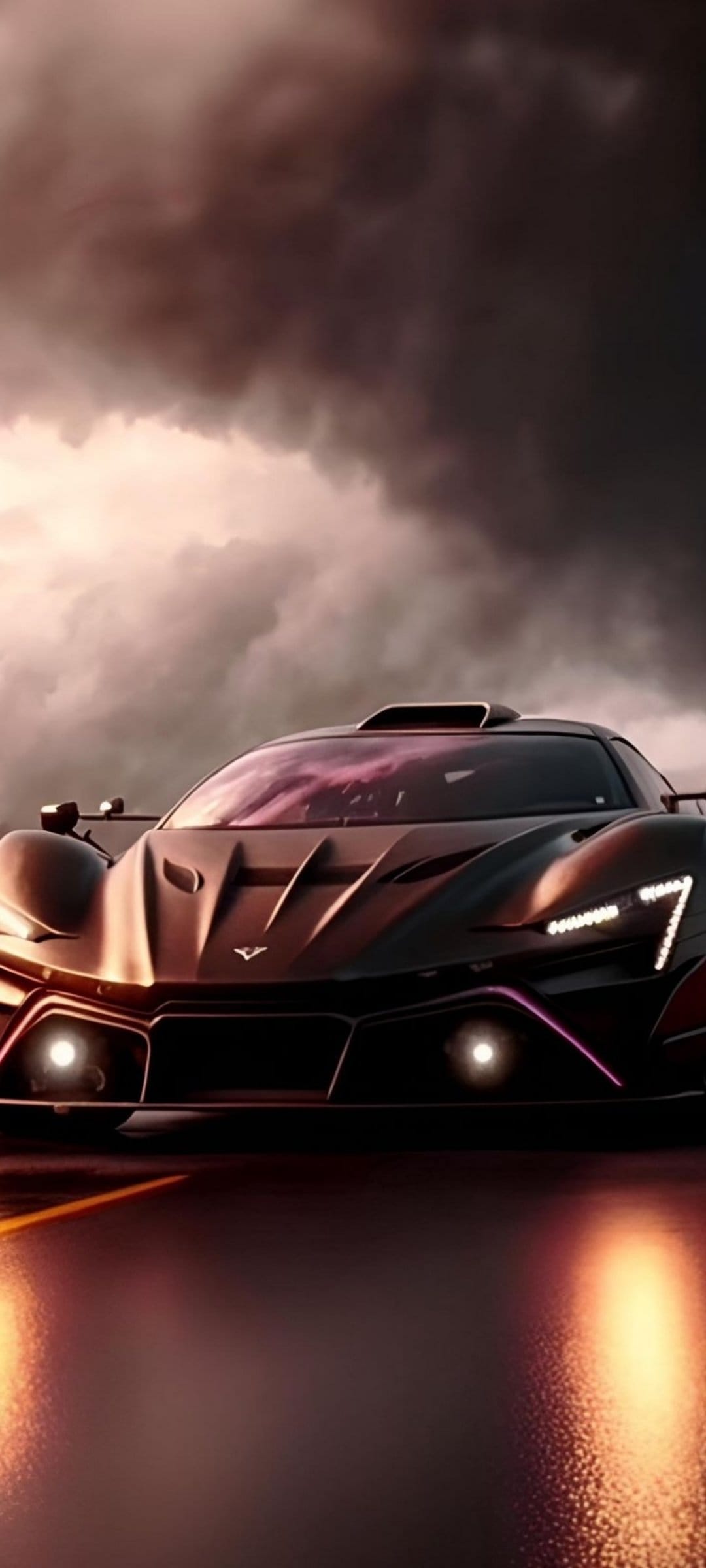 Dark supercar with glowing headlights sits on a wet road under a cloudy storm sky with sharp reflections.