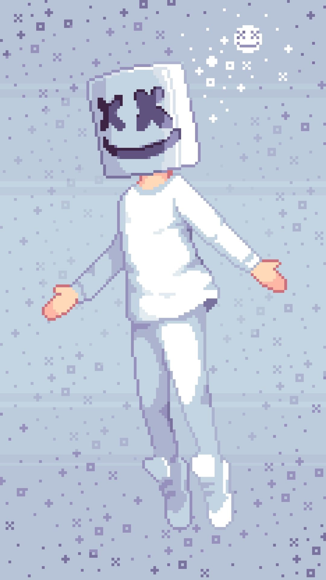 Marshmello levitates against a pixelated night sky filled with glowing stars and soft indigo gradients.
