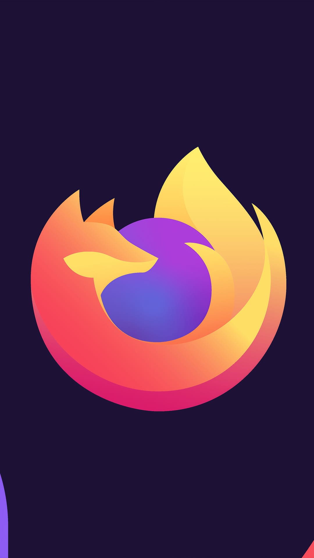 Orange fox wrapping around a glowing purple and blue sphere set against a dark violet gradient backdrop.