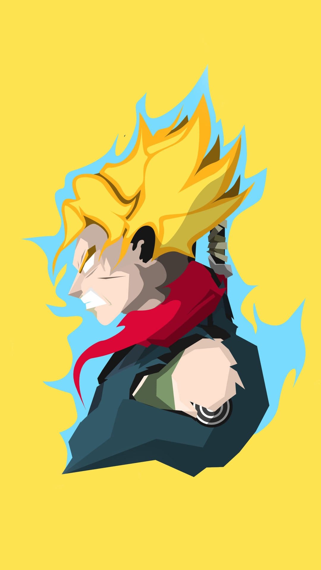 Future Trunks with golden spiky hair and a red scarf gazes forward against a yellow backdrop and blue aura.
