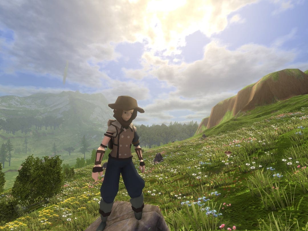 Low-poly character in explorer gear standing on a rock in a flowery mountain meadow under a bright sun.