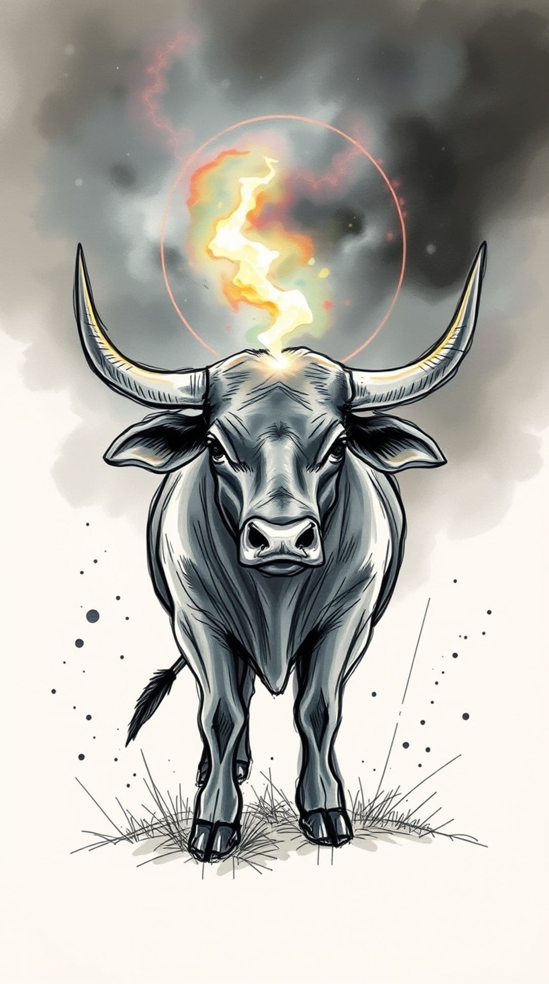 Bull with flaming horns and head emerges from dark grey storm clouds with subtle orange light reflections.