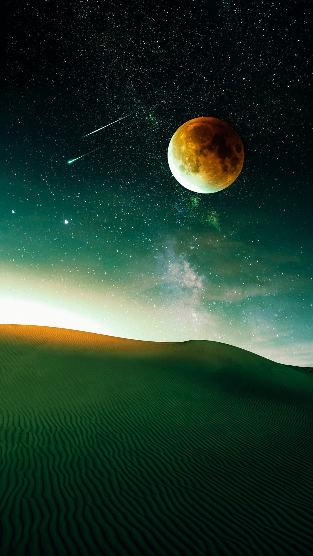 Rolling desert dunes reflect light from a large orange moon under a teal sky with meteor trails and stars.