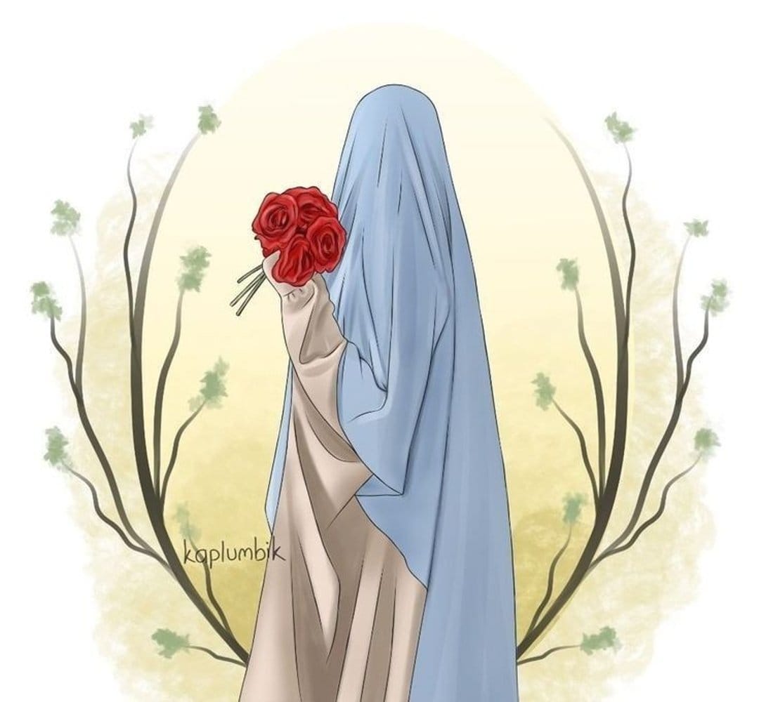 Woman from behind wearing a light blue hijab and beige dress holding red roses with watercolor green branches.