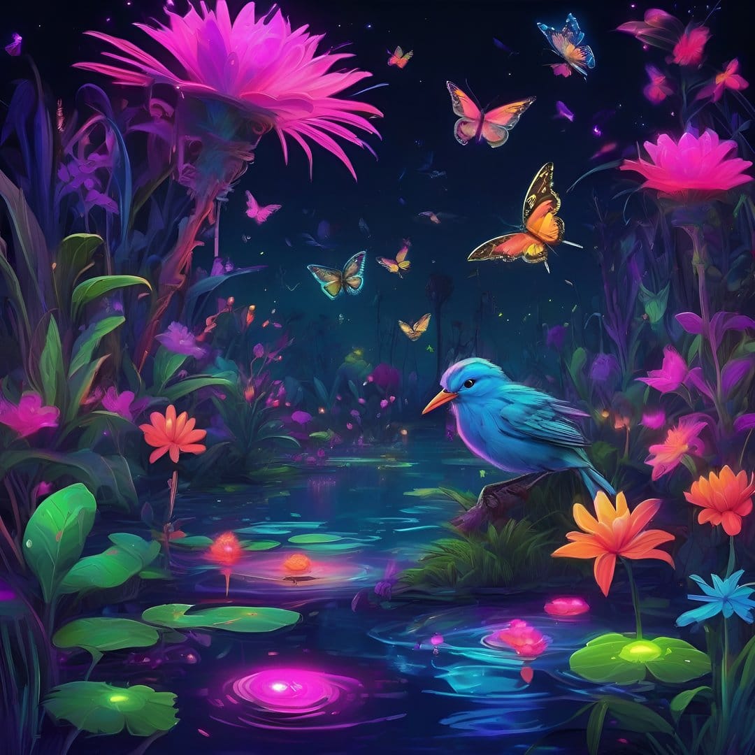 Azure bird perches near a shimmering pond surrounded by glowing flowers and butterflies in a moonlit fantasy garden.
