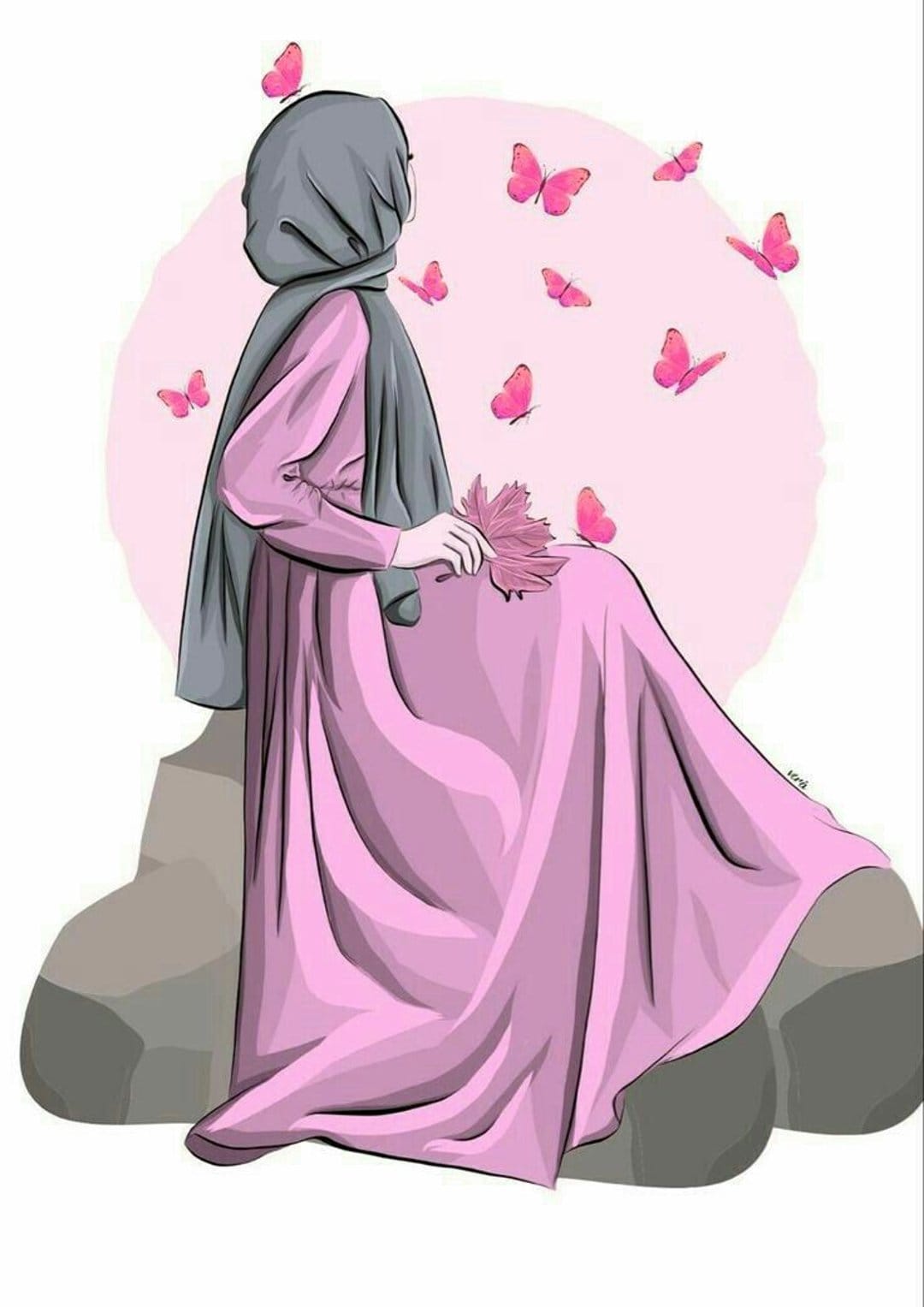 Young woman in a grey hijab and pink dress holds a flower as pink butterflies flutter around her on grey rocks.