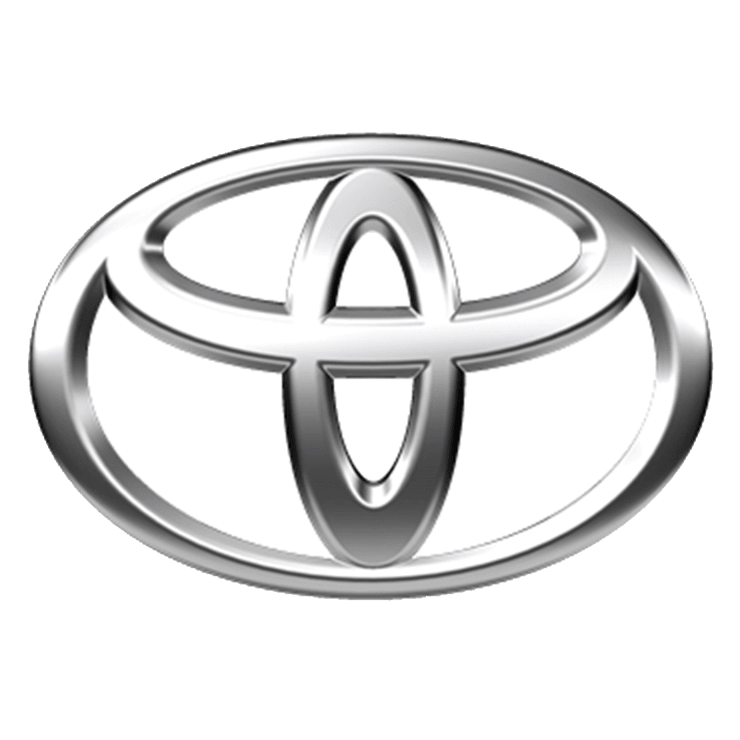 Toyota emblem rendered in polished chrome metal with three overlapping ellipses and reflective silver finish.