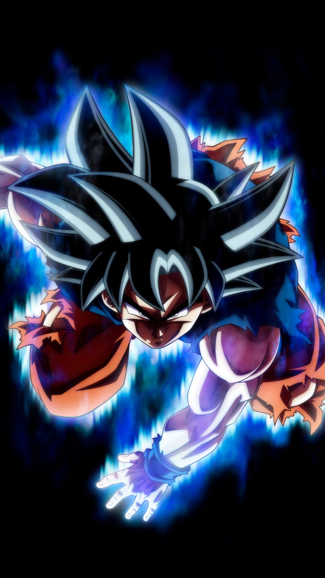 Goku lunges with a fierce expression, surrounded by a glowing blue aura and sparks against a dark background.