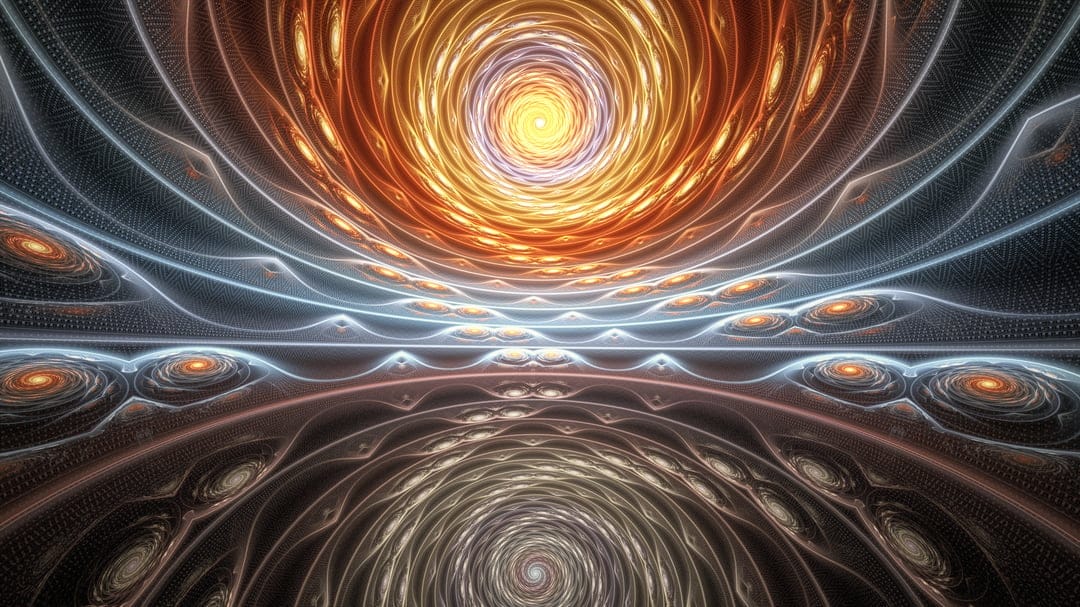 Fiery orange vortex spirals above a mirrored floor of blue and gold fractal geometric patterns in a cosmic void.