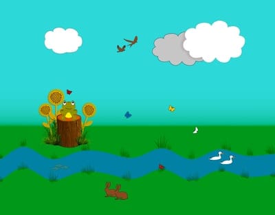 digital graphic,nature,clip art,frog,log,stream,river,HD wallpaper,phone wallpaper,ducks,rabbits,birds,clouds,grass,cartoon