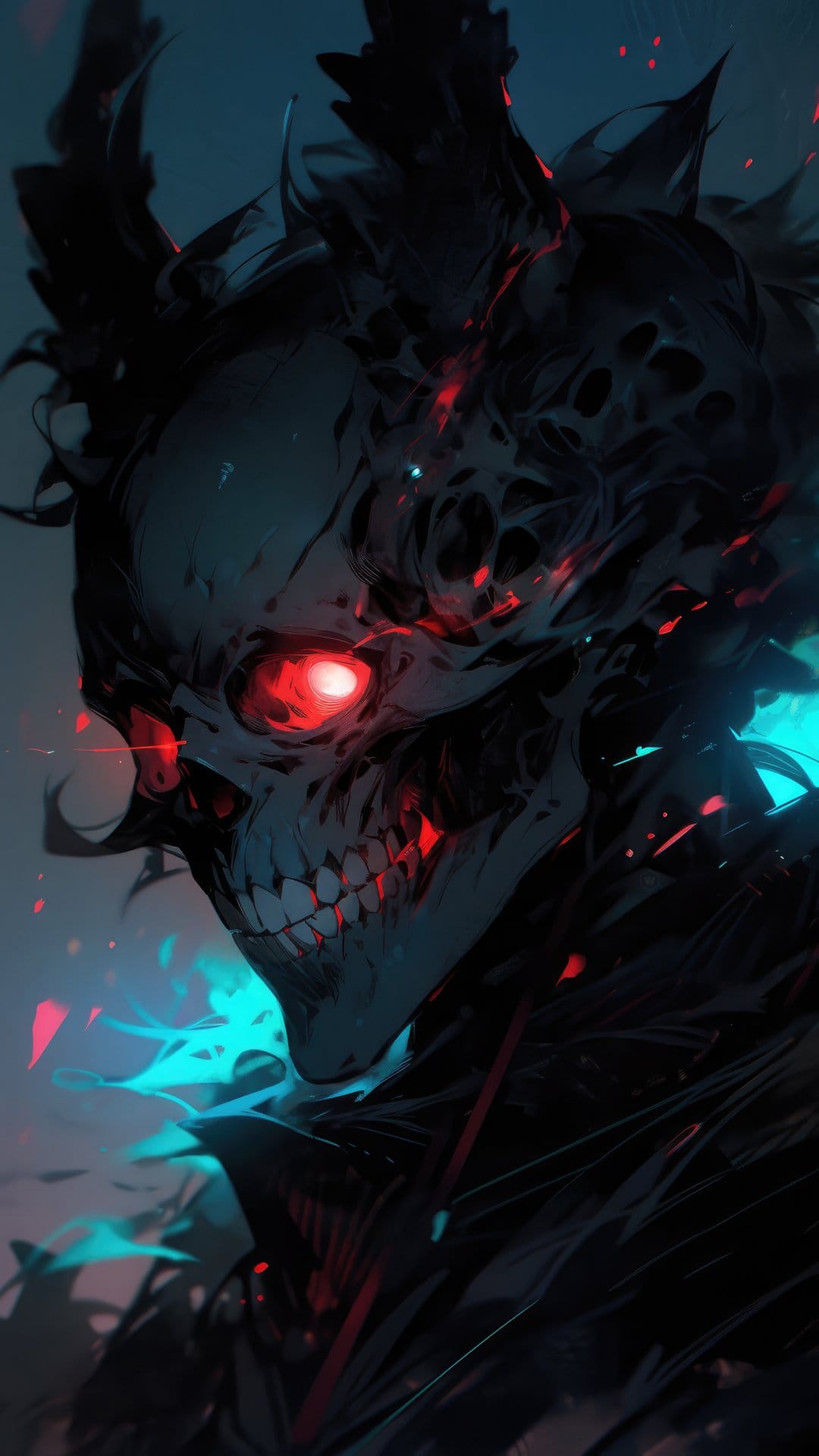 Skeletal demon head featuring glowing red eyes and sharp teeth surrounded by neon blue and red mist.