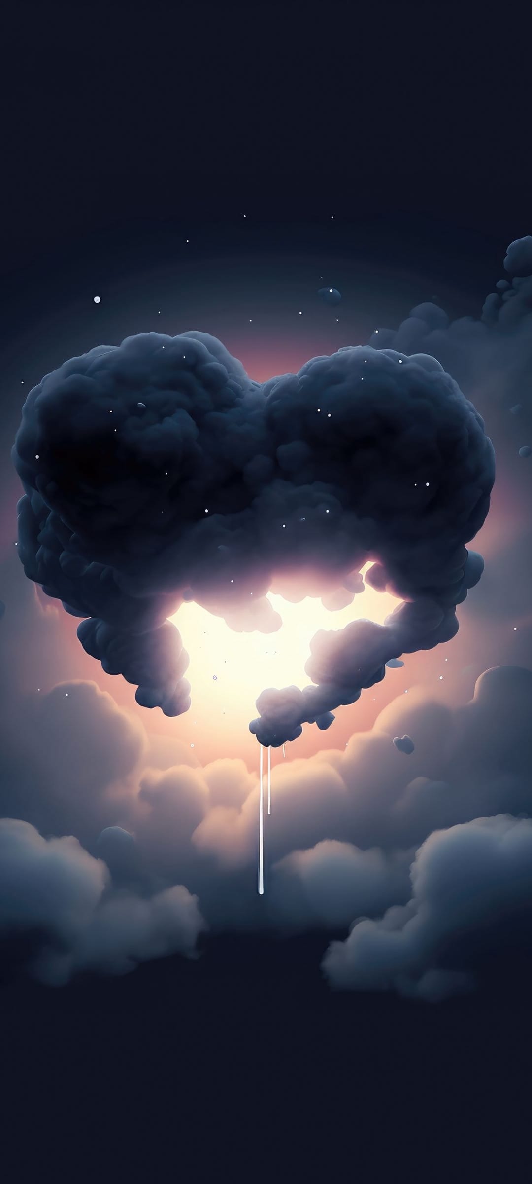 Heart-shaped cloud illuminated from within by golden light beams against a dark blue starry night sky background.