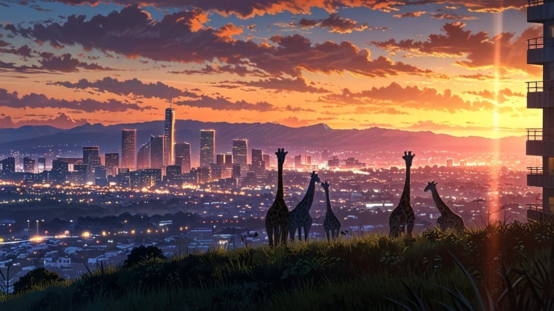 Giraffe silhouettes stand on a ridge overlooking a metropolitan skyline under a vibrant orange and pink sunset.