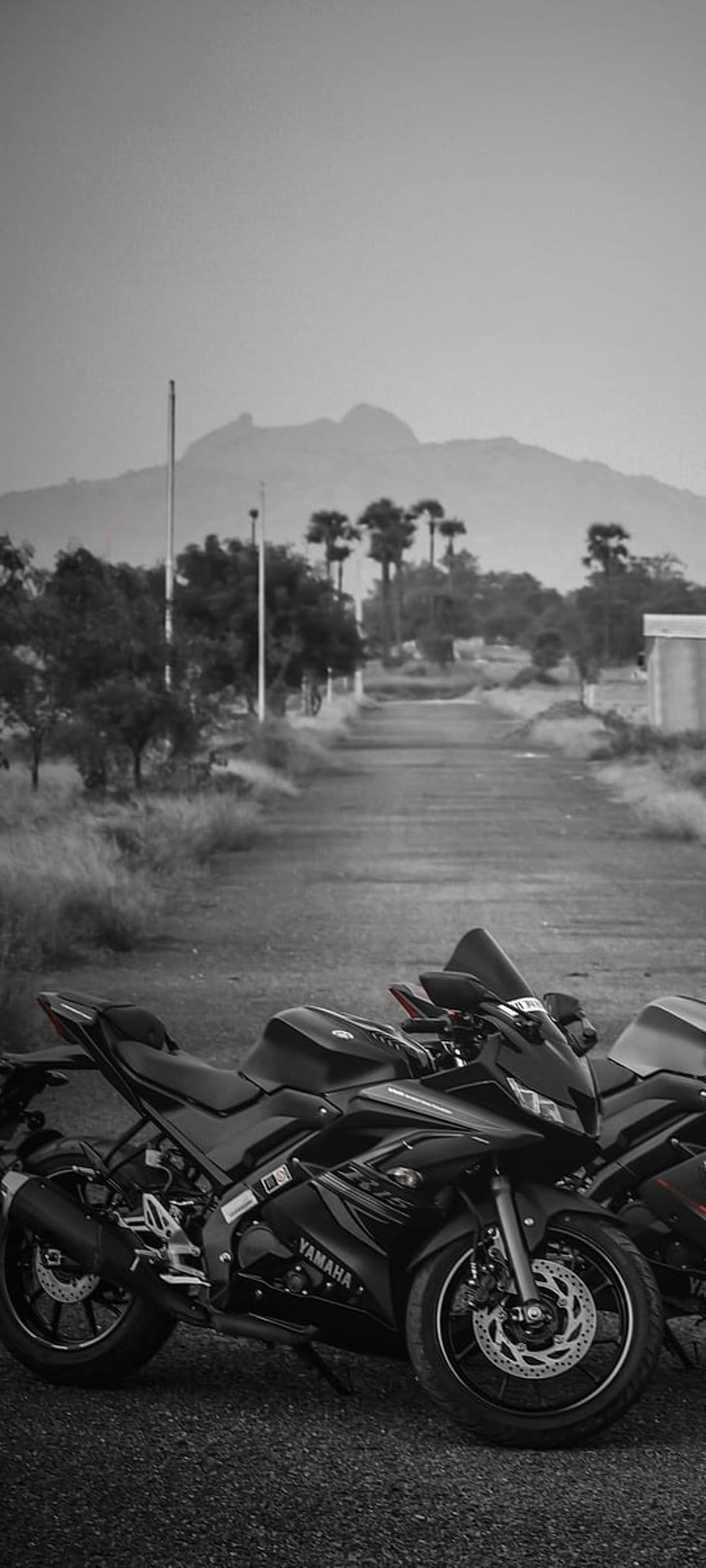 Two black Yamaha R15 motorcycles parked on an asphalt road with mountains and palms in a monochrome landscape.