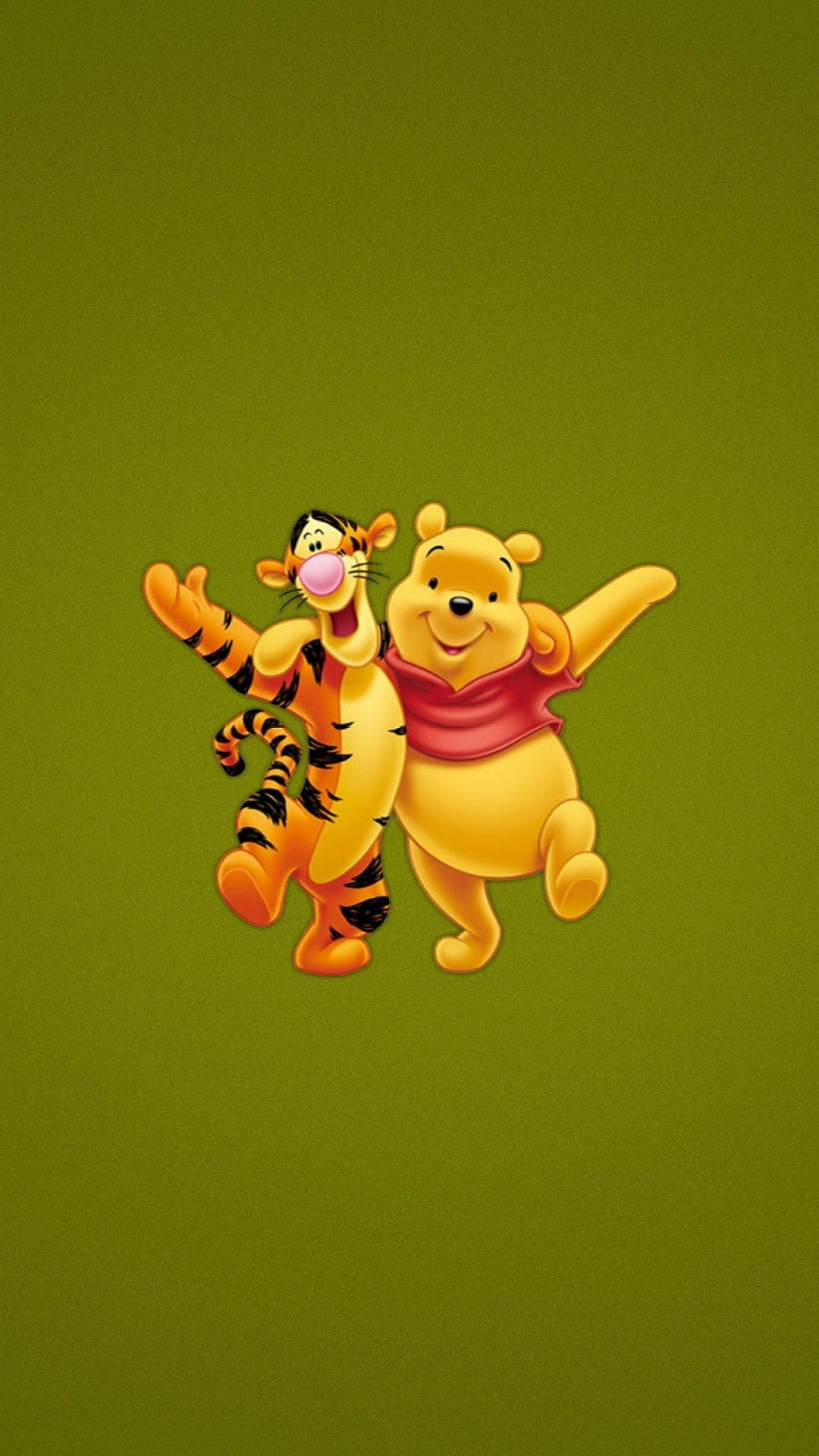Winnie the Pooh and Tigger stand together smiling against a textured olive green background in a vertical layout.