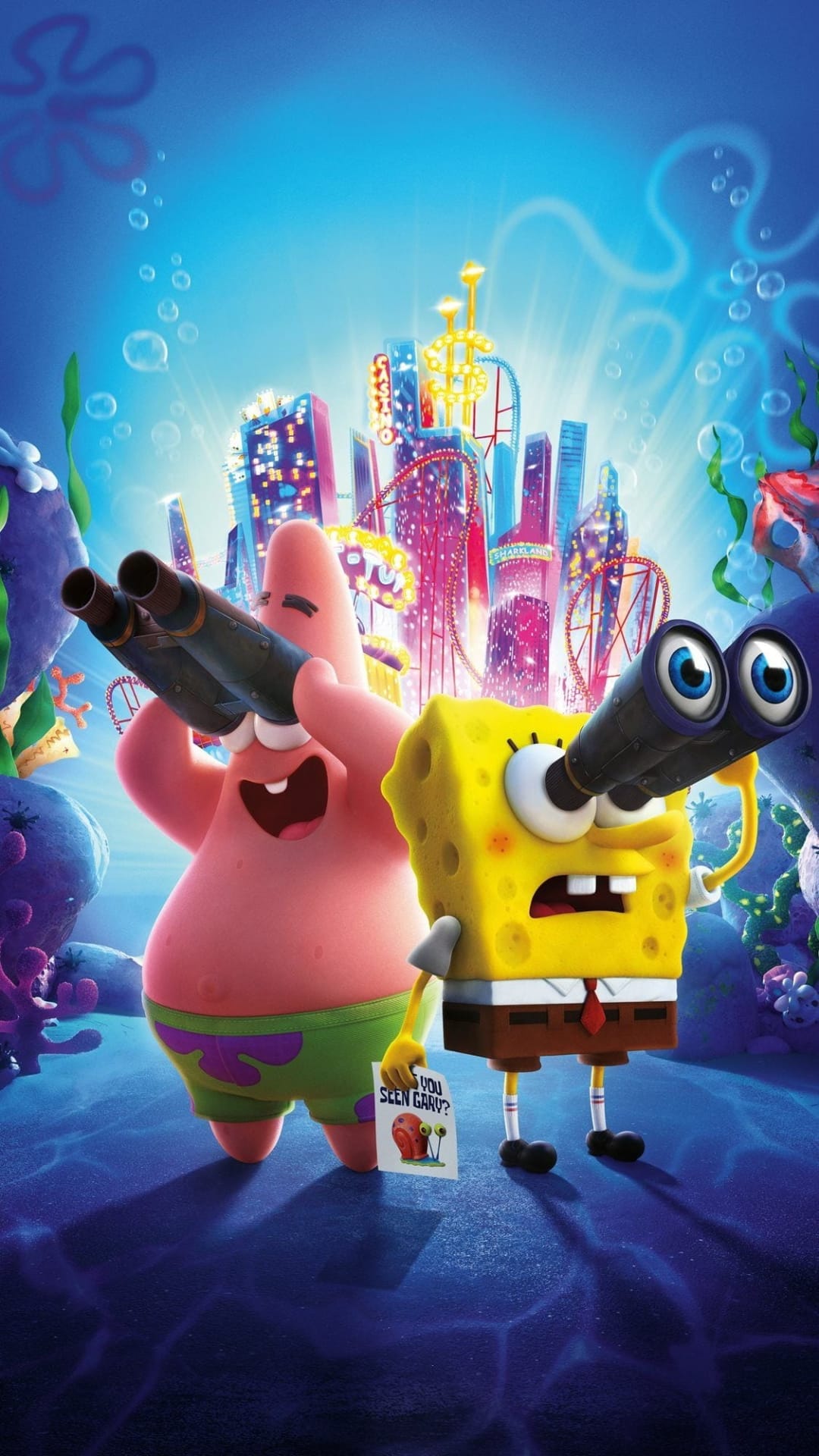 SpongeBob and Patrick look through binoculars next to a lost snail poster in a colorful underwater city.