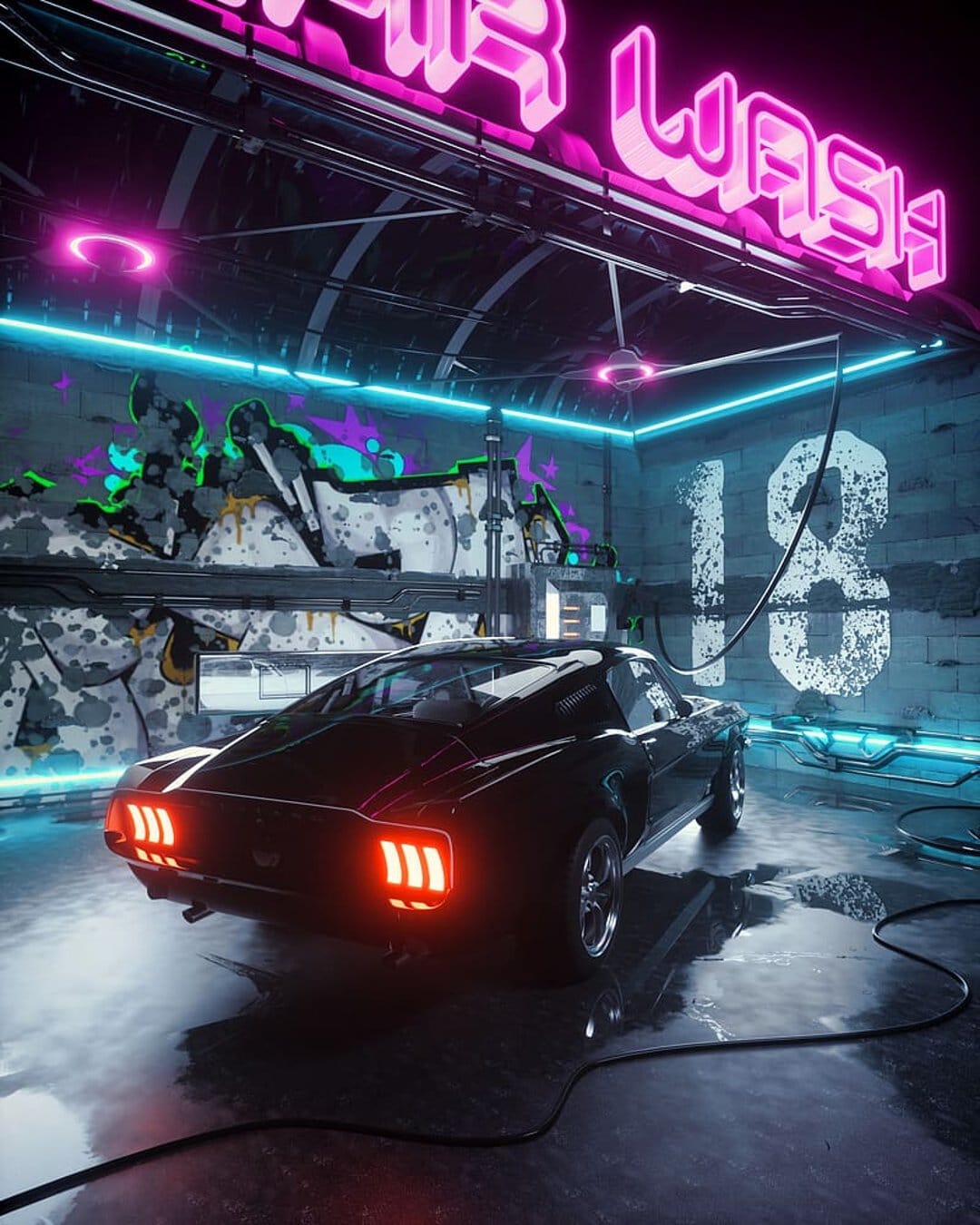 Black vintage Mustang reflects pink neon lights on a wet floor inside a gritty, graffiti-covered car wash bay.